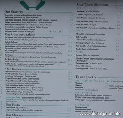 Prices at Paris bars, Restaurant menu